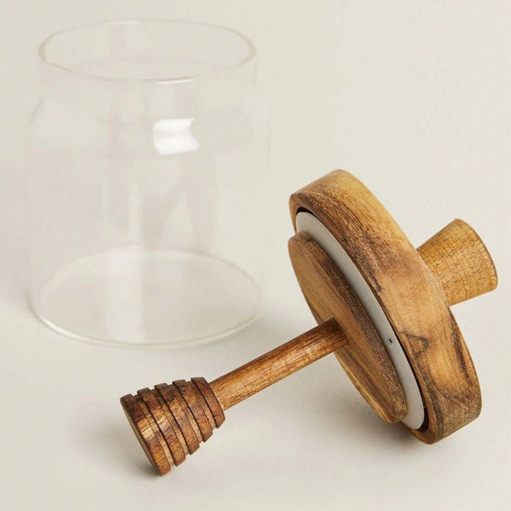 Noah Acacia-Lid Glass Honey Jar