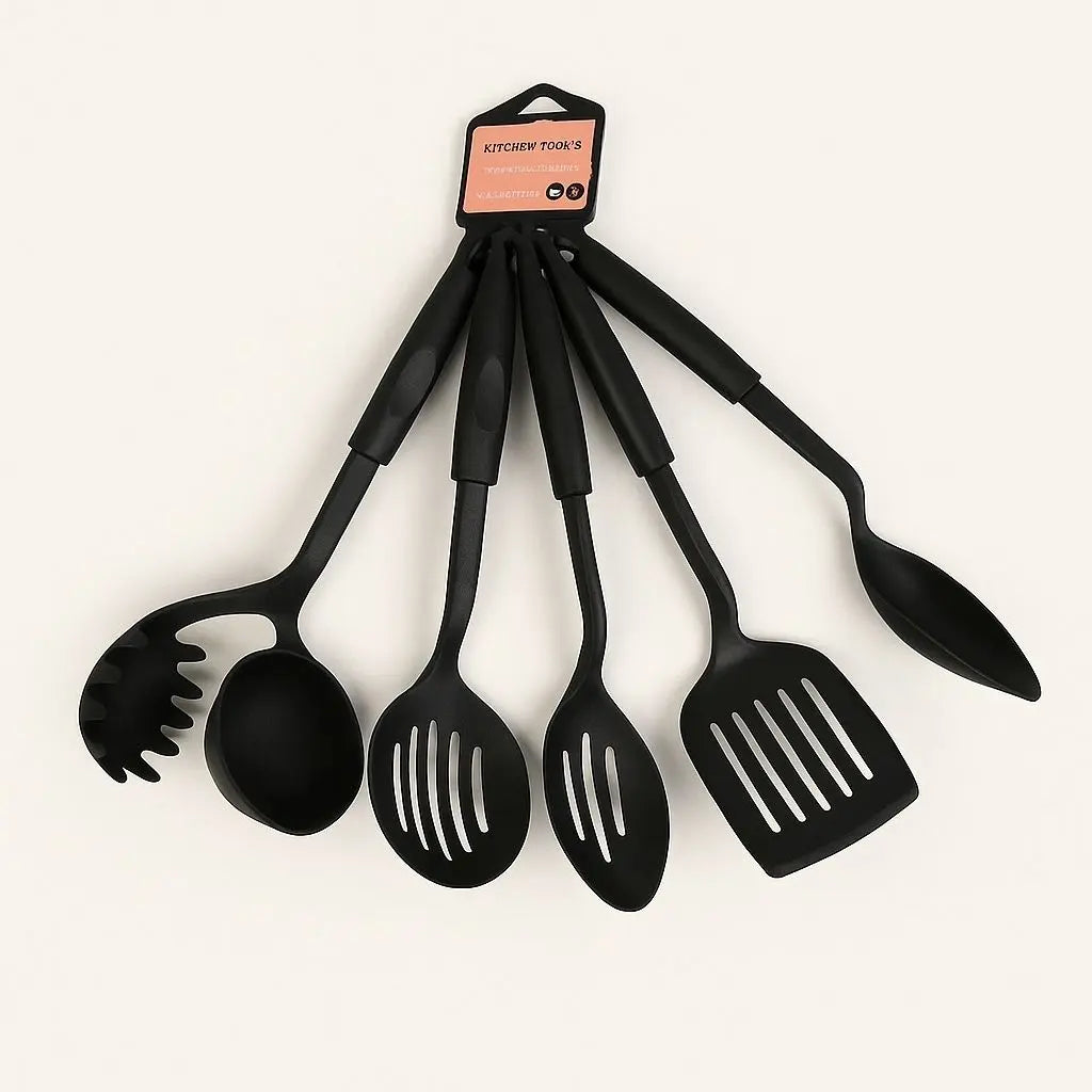 Kitchen utensil set with heat-resistant rubber tools designed for non-stick cookware and ergonomic cooking
