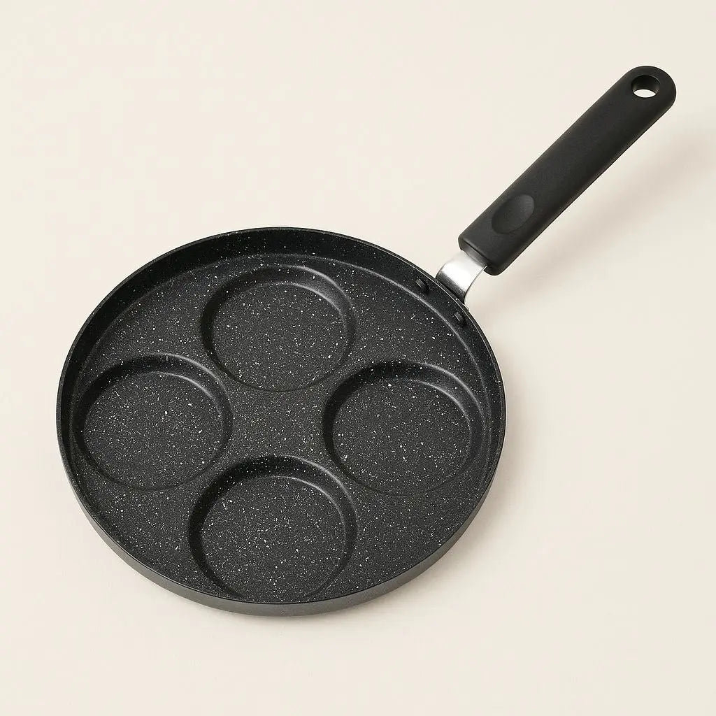 Nonstick multi-compartment breakfast pan with 7 divided sections for cooking eggs and pancakes simultaneously