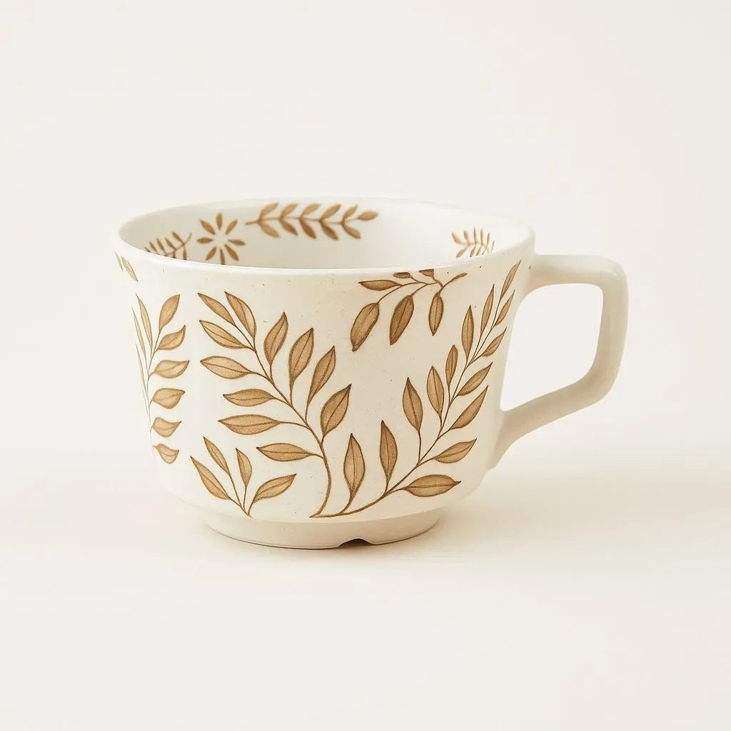 Hand painted ceramic coffee mug with botanical design, Nordic white porcelain 330ml capacity for daily use