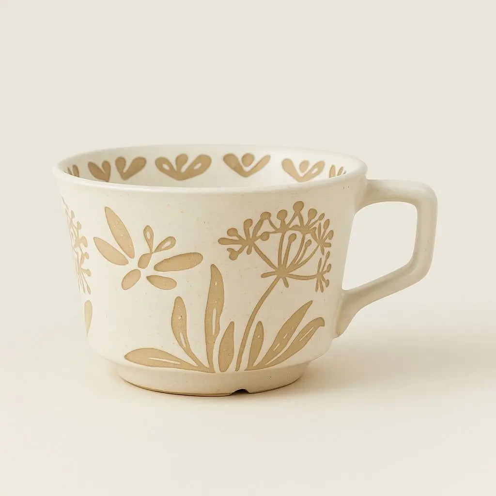 White porcelain coffee cup with hand painted botanical motifs, Nordic inspired ceramic drinkware