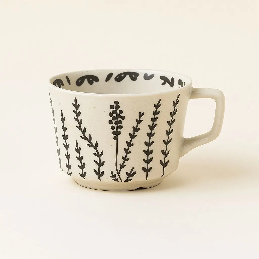 Hand painted botanical pattern on Nordic ceramic mug, artistic white porcelain coffee cup design
