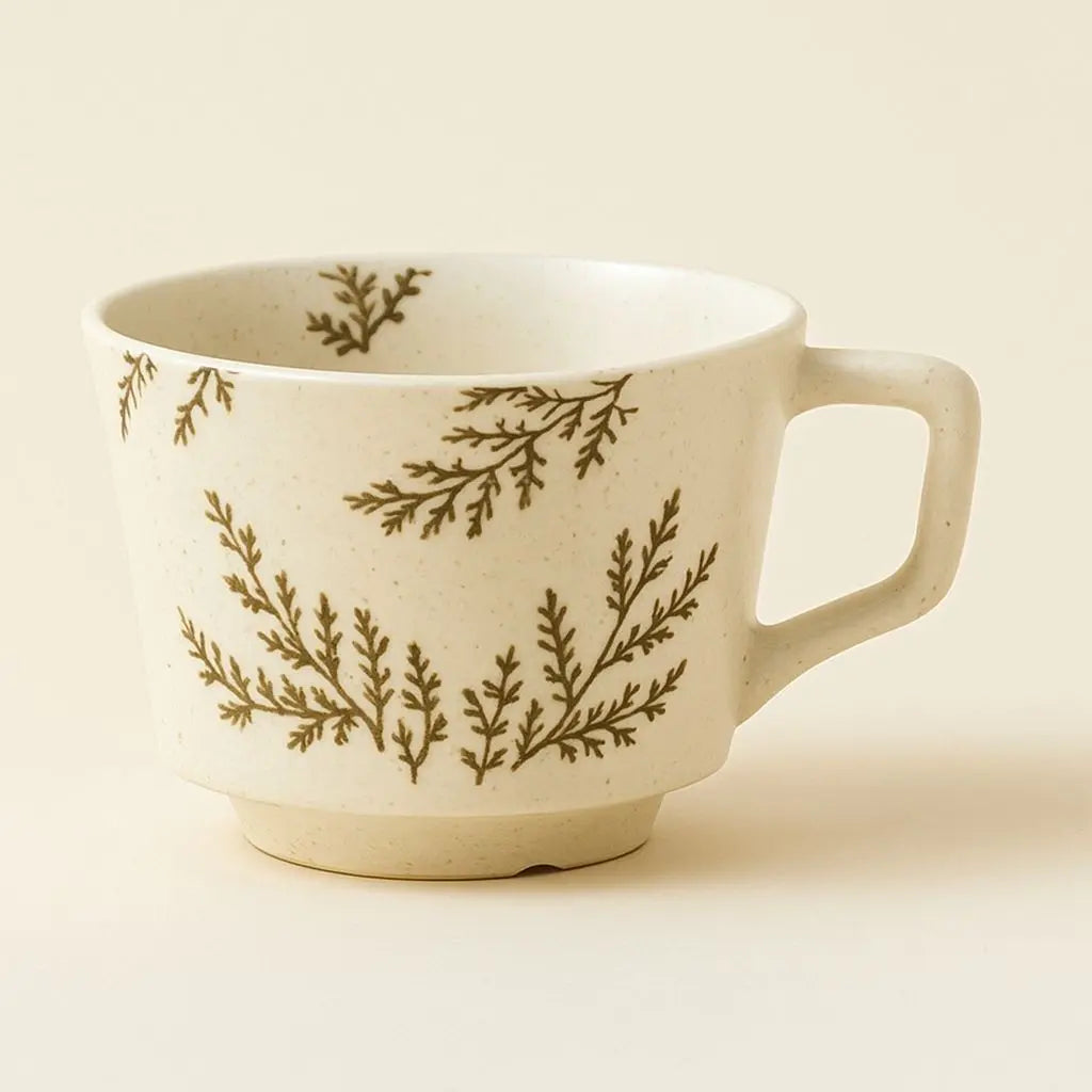 Nordic ceramic coffee mug collection, white porcelain with botanical patterns, 330ml minimalist design