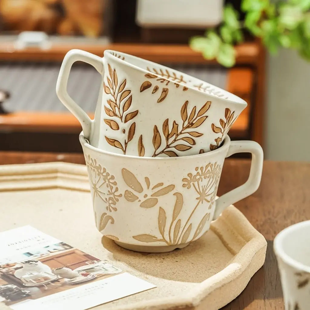 Nordic style ceramic mug with botanical design, white porcelain coffee cup for modern home decor