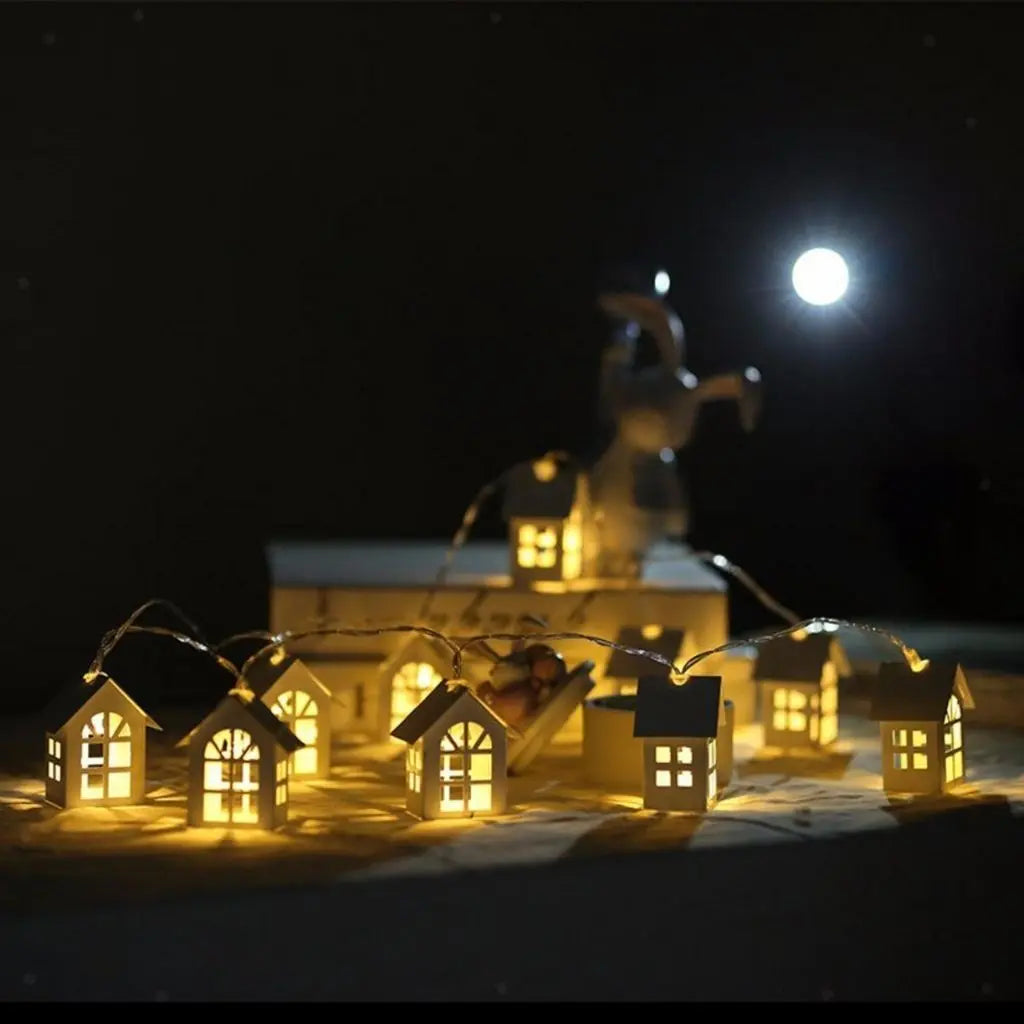 Complete wooden house string lights set with 10 LED houses for warm cozy home decor ambiance