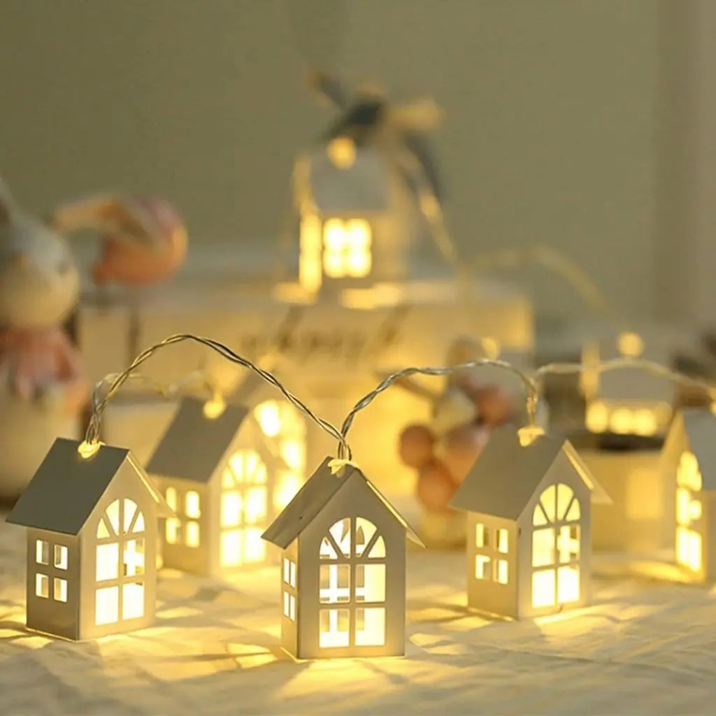 Battery powered wooden house string lights with USB option for versatile nordic home decoration