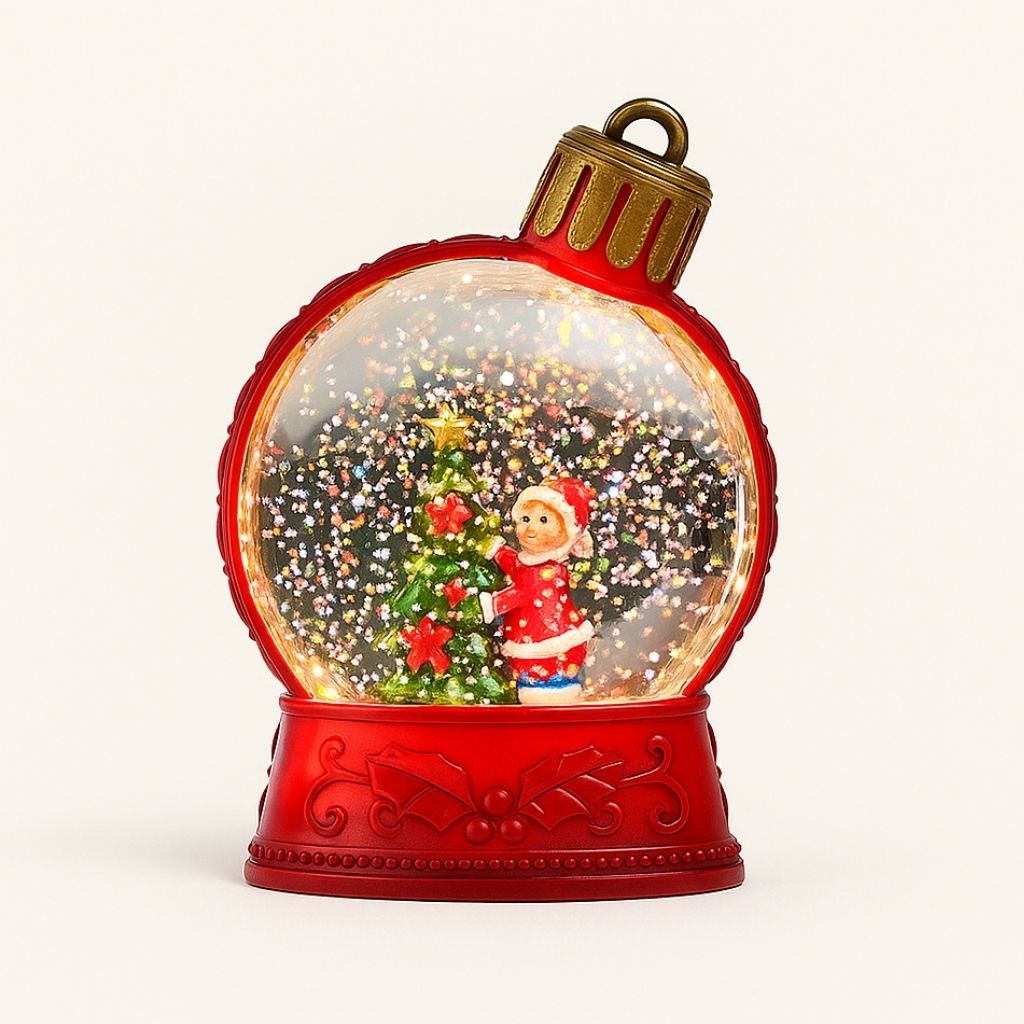 LED snow globe ornament with glitter and winter scene inside clear plastic dome