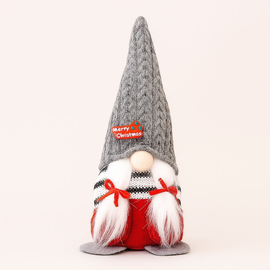 Gray knitted hat gnome with soft white beard and weighted base for stable tabletop placement