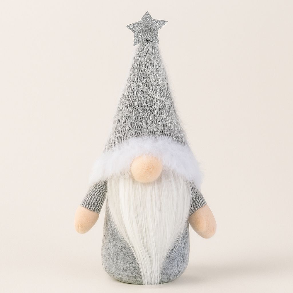 Seasonal gnome decoration in neutral tones with textured knit fabric and star topper