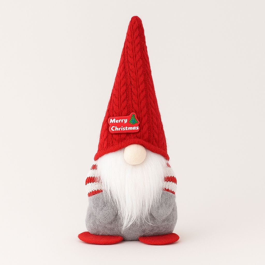 Faceless gnome ornament with red knitted pointed hat and white plush beard for Christmas display