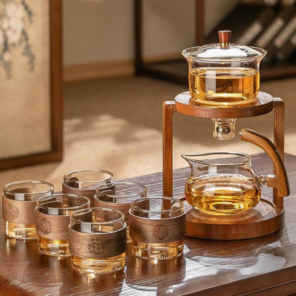 Orvanna automatic glass teapot set - smart tea infuser with 6 borosilicate cups and compact serving tray