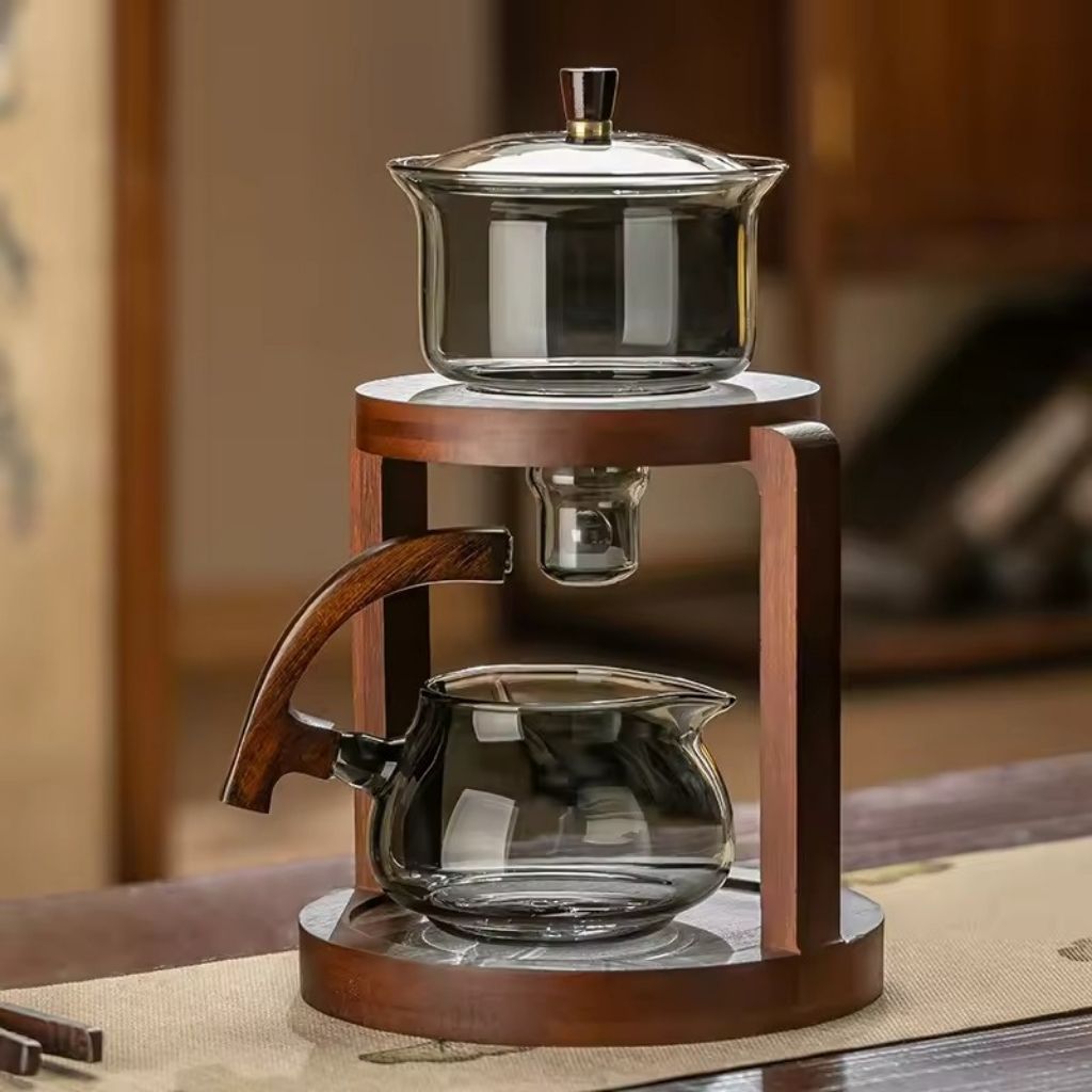 Premium borosilicate glass tea set - automatic brewing system with 6 matching cups and compact serving tray