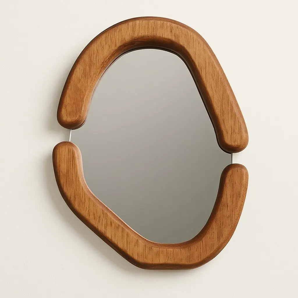 Wooden mirror with a unique curved design on a beige background