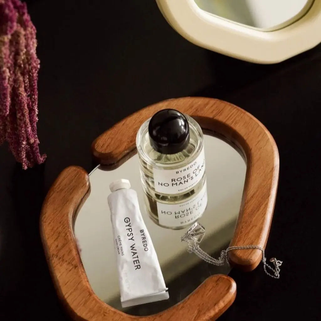 Asymmetrical wooden frame vanity mirror