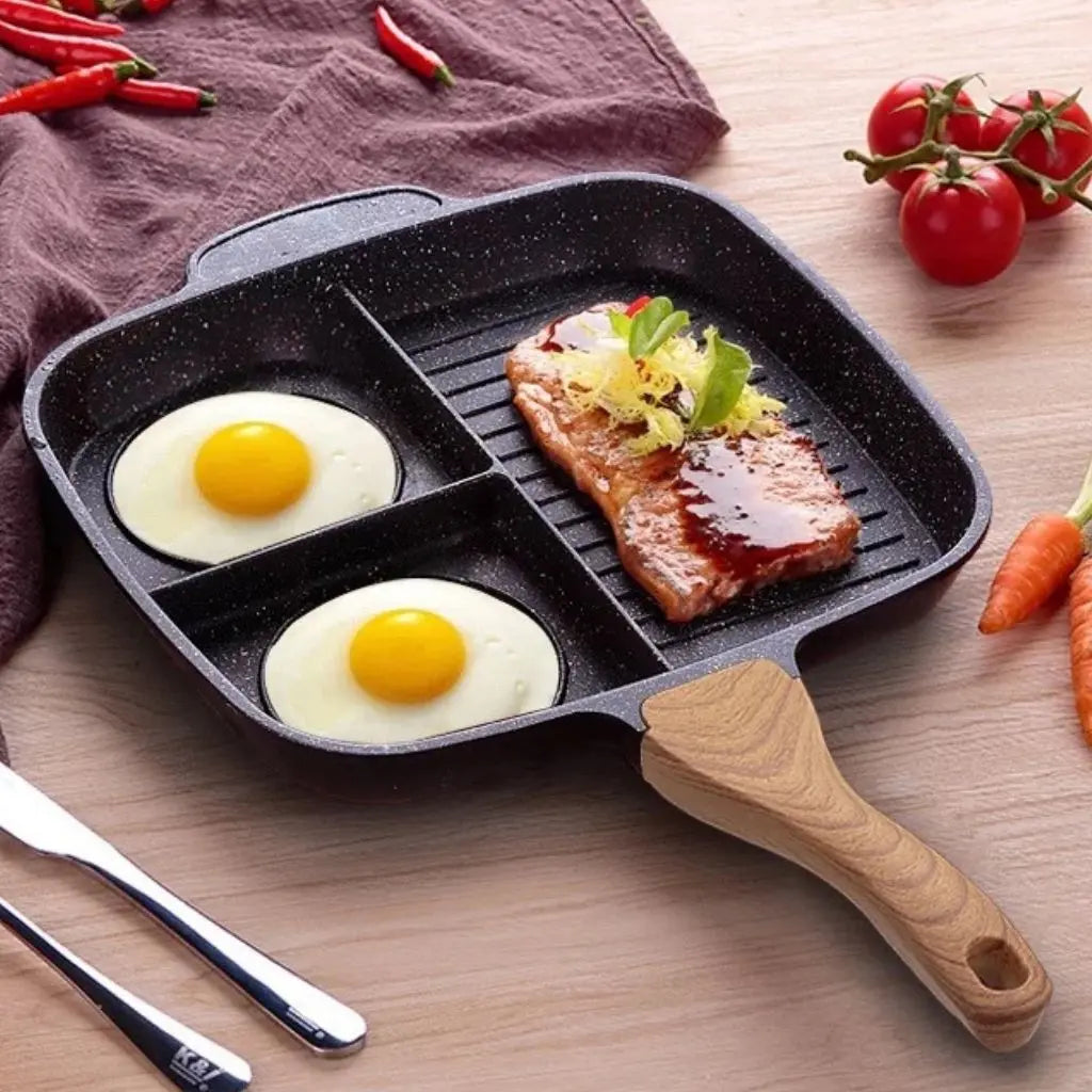 Nonstick breakfast pan with divided compartments for cooking eggs bacon and sides at once