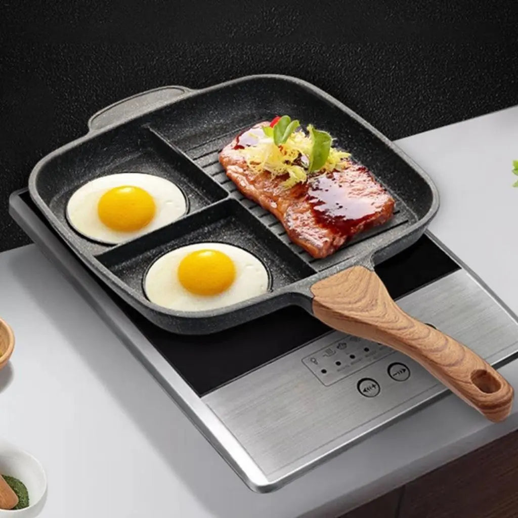 Multi zone nonstick frying pan with three divided sections for cooking breakfast foods simultaneously