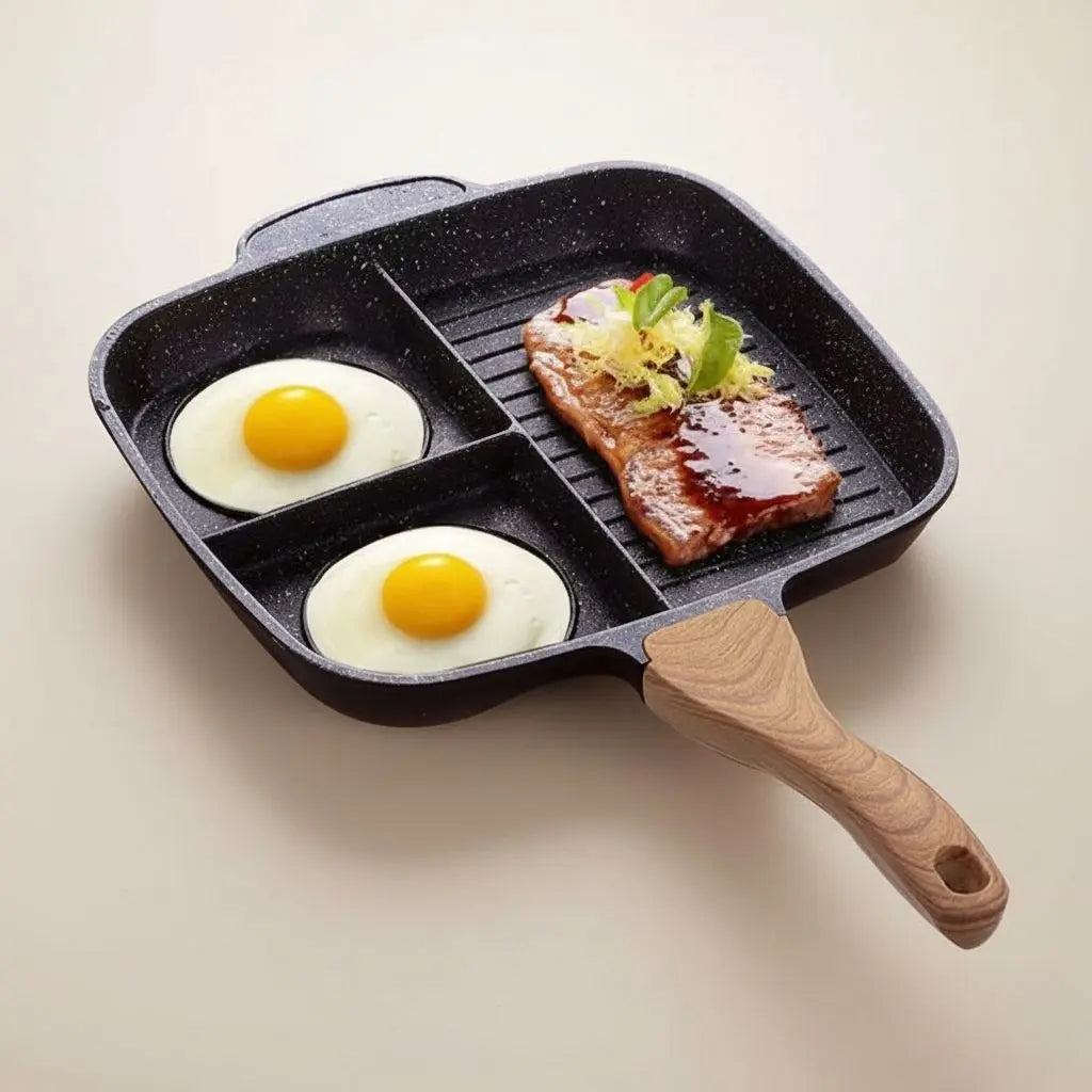 Three section frying pan with nonstick coating for cooking multiple breakfast items together