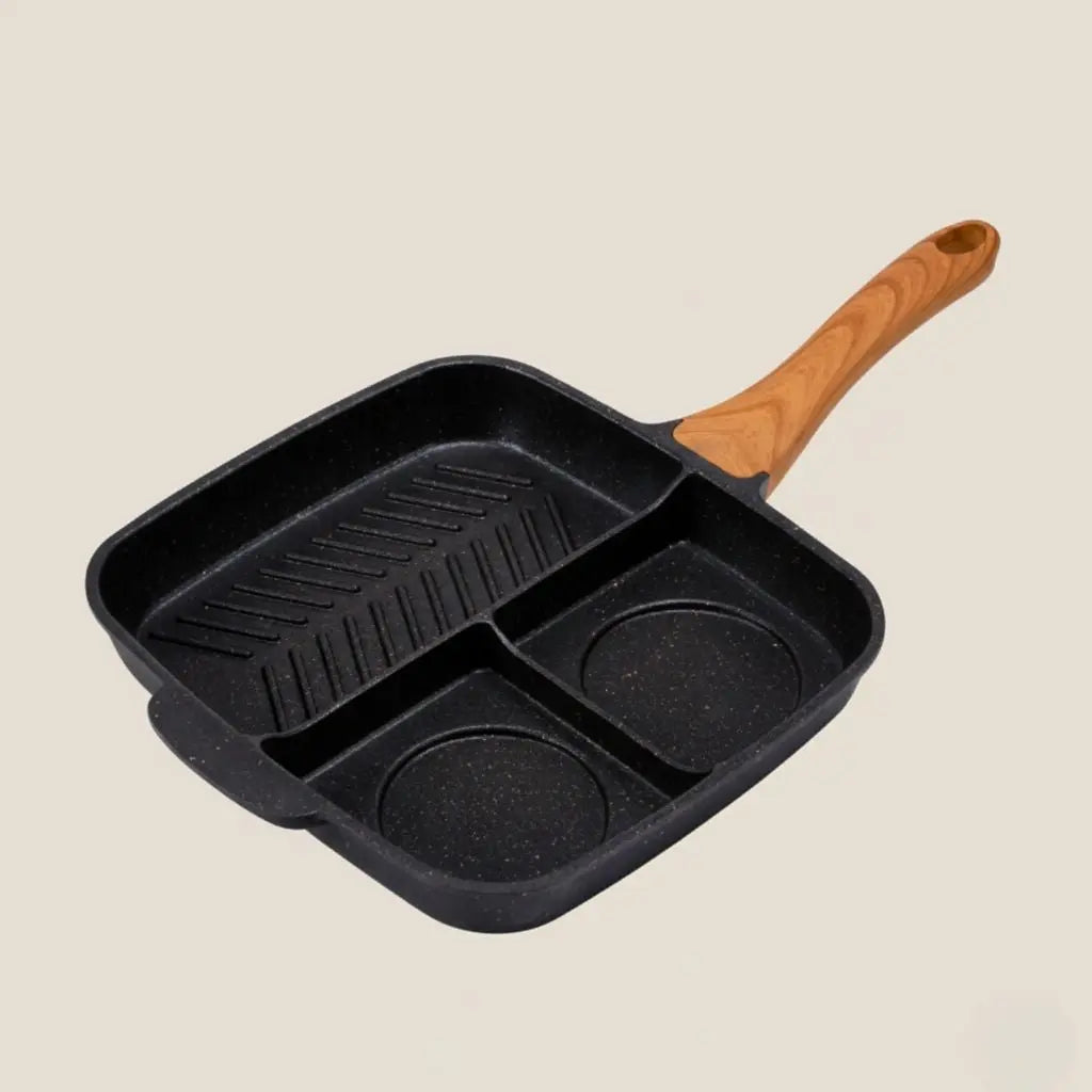 Sectioned breakfast pan with nonstick surface for preparing complete meals in one cookware