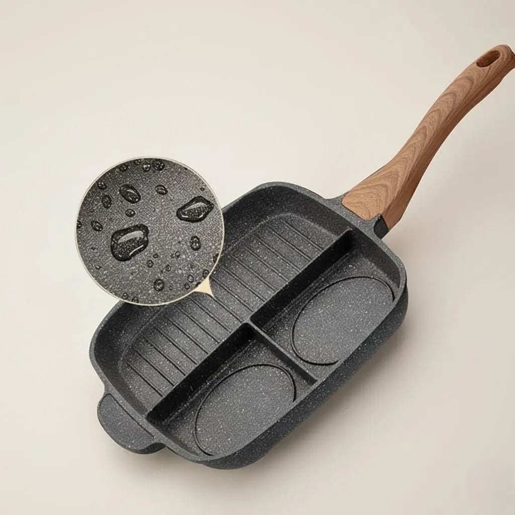 Divided nonstick pan with three zones for cooking different breakfast foods without mixing