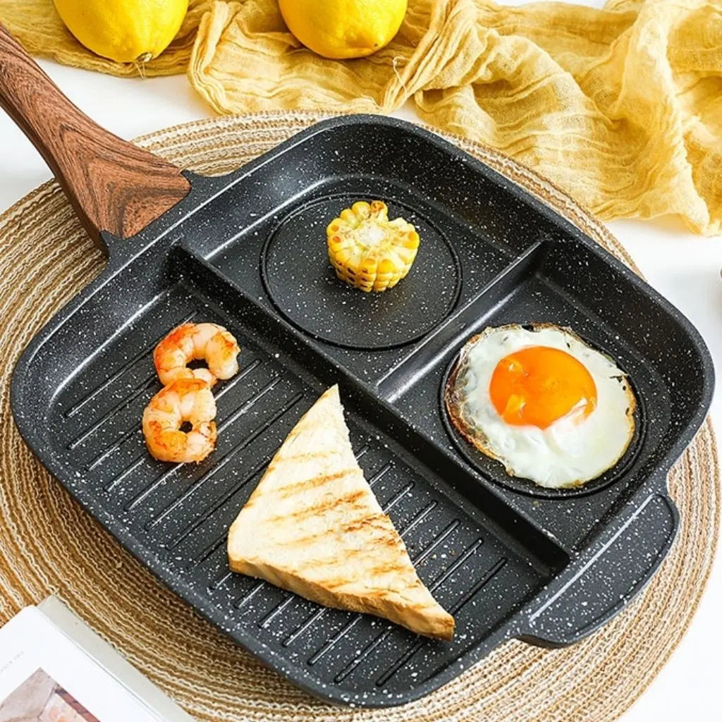 Multi compartment pan with nonstick coating designed for efficient breakfast cooking preparation