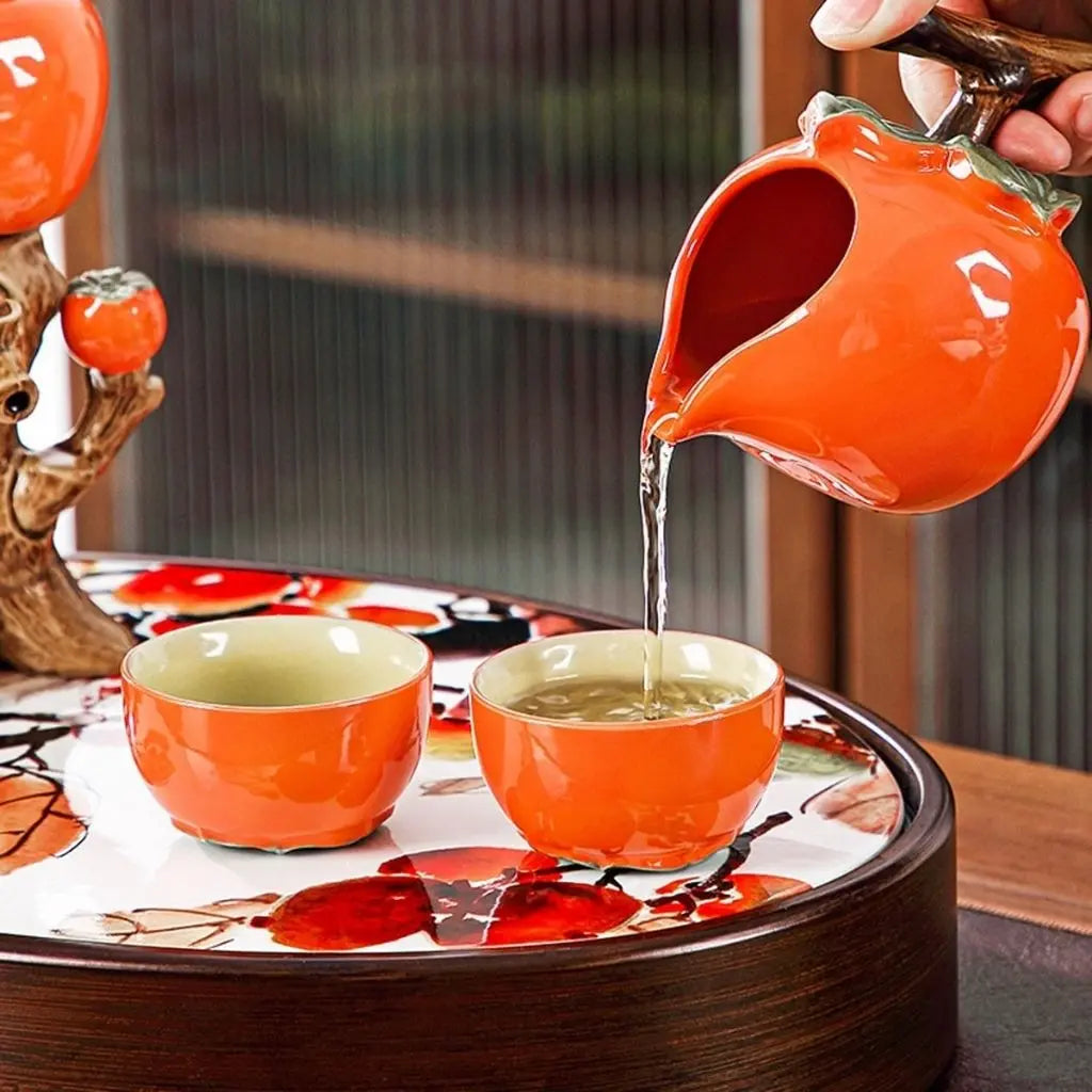 Orange ceramic tea set persimmon design porcelain teapot handcrafted tea ceremony gift collection