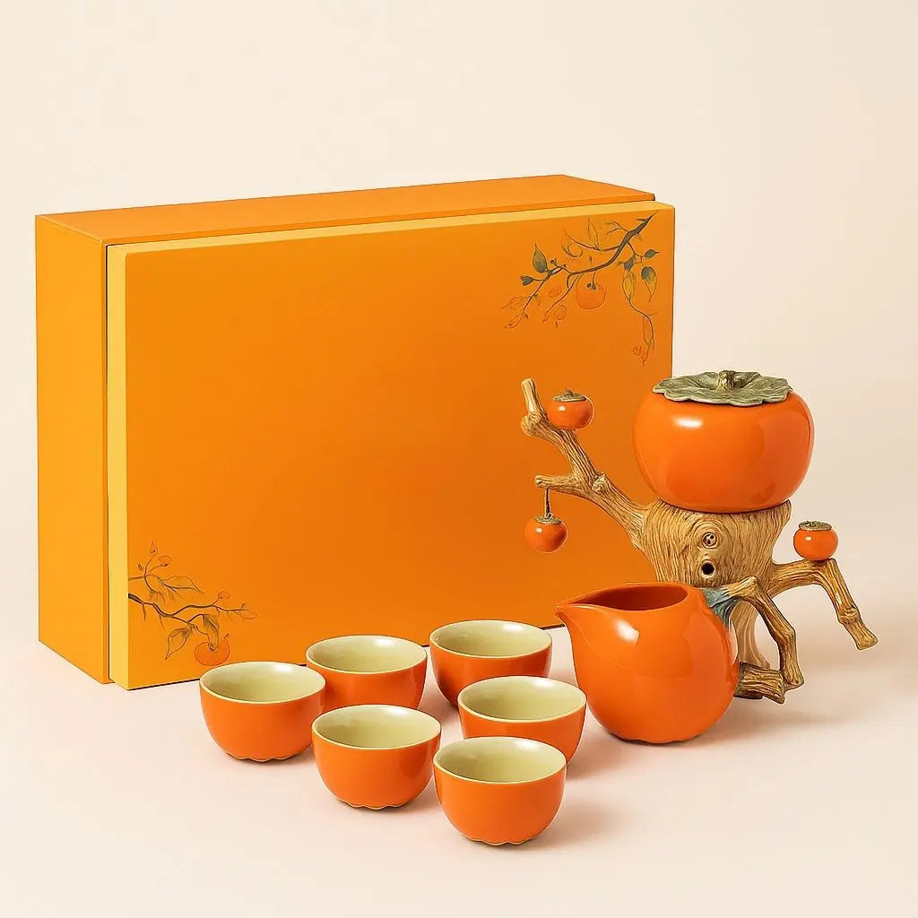 Orange persimmon ceramic tea set with porcelain teapot cups and handcrafted design for tea ceremony