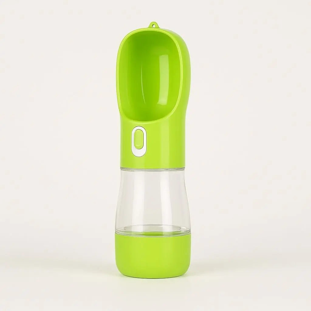 Portable pet water bottle with built-in bowl for dogs and cats, leak-proof travel design in multiple colors