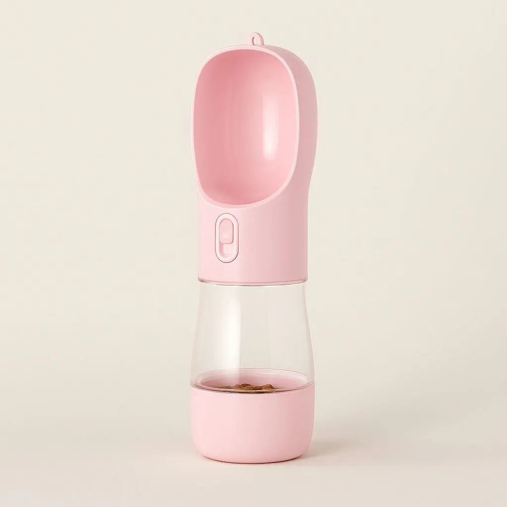 Dual-function pet feeder combining 258ml water bottle with 200ml food compartment for complete nutrition