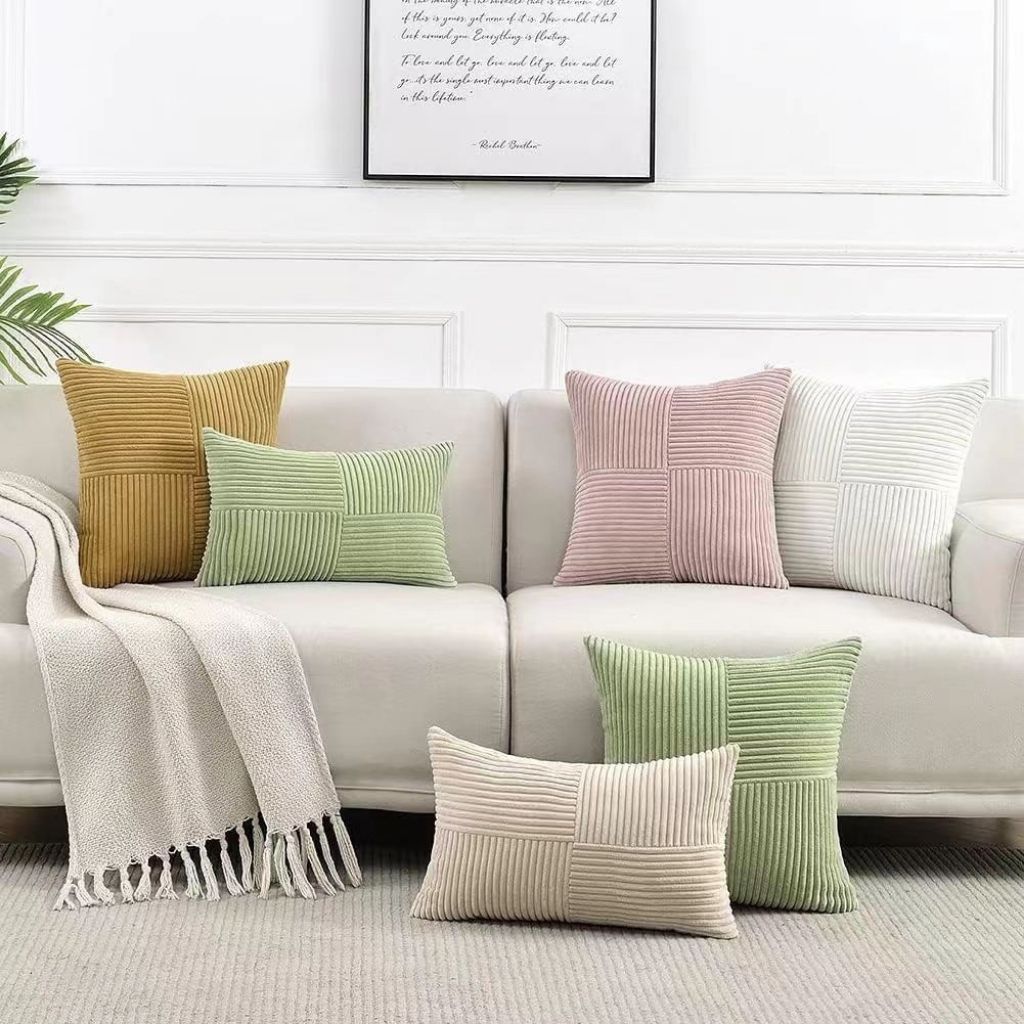 Patchwork corduroy pillow cover with sophisticated textured design enhancing home styling and decor