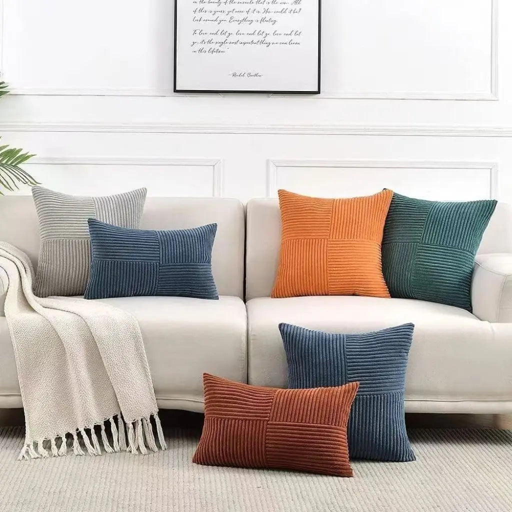Corduroy throw pillow featuring unique patchwork pattern and textured cover for minimalist decor accents