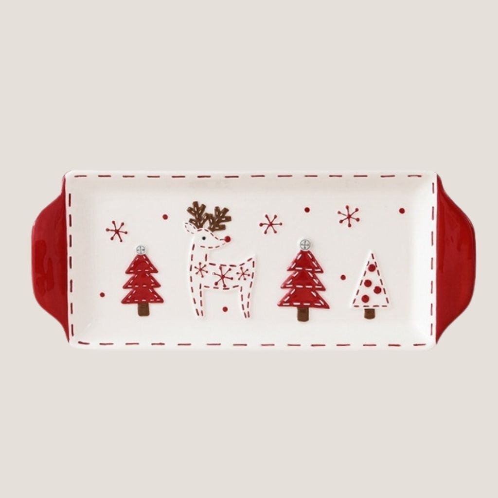Rectangular white ceramic platter with festive holiday design and carrying handles