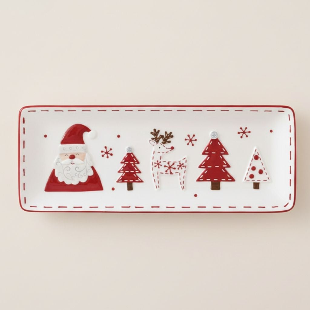 Rectangular ceramic platter with Christmas artwork and side handles for holiday appetizers