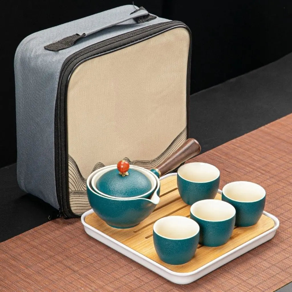 Porcelain travel teapot set retro design with matching cups in luxury gift box