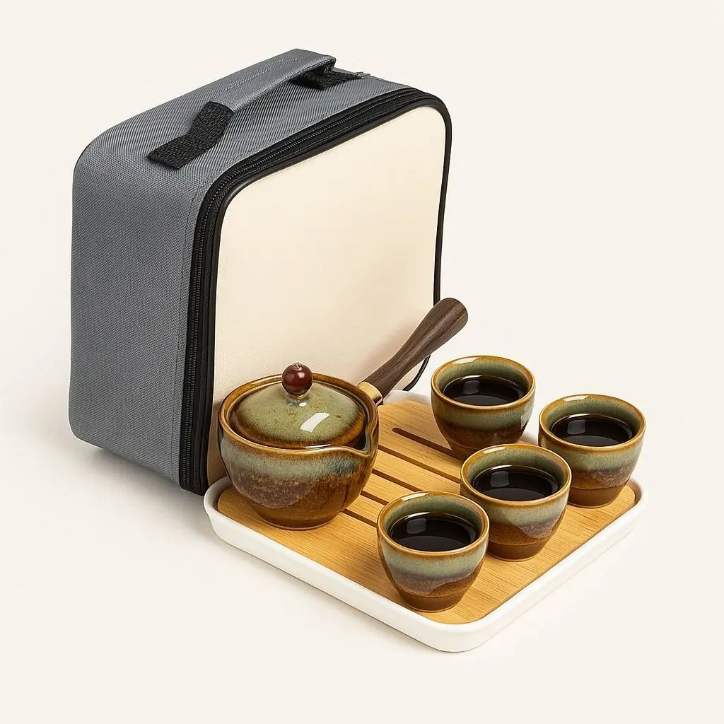 Retro porcelain travel tea set with matching cups and elegant gift box for tea lovers