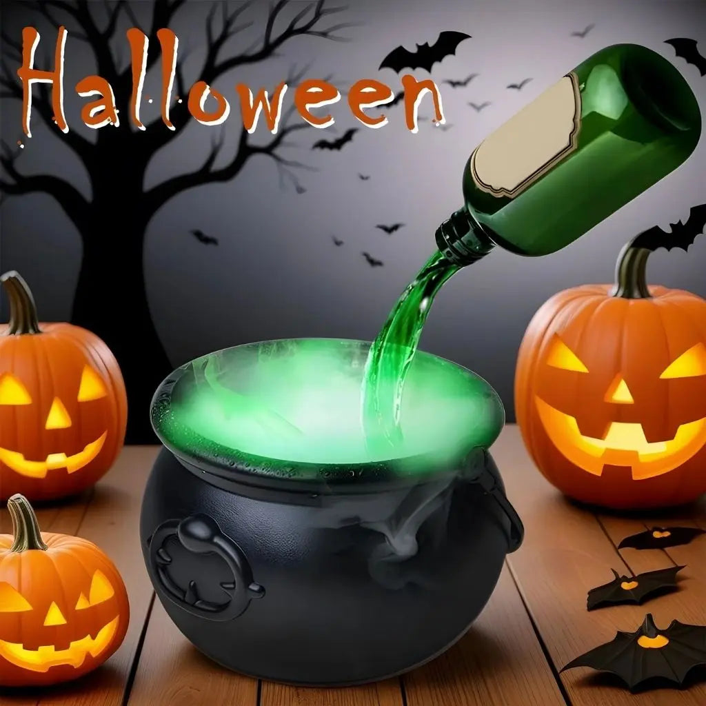 Floating potion cauldron set with fog effect and glowing bottle for Halloween party decorations