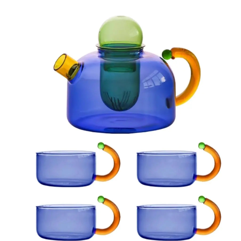 Functional heat resistant glass teapot designed for daily tea brewing with artistic colorful accents