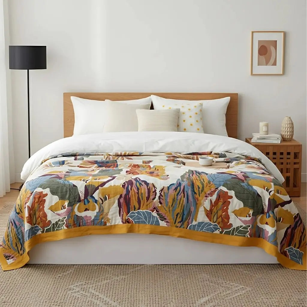 Floral print cotton quilt with colorful botanical design and nature inspired patterns