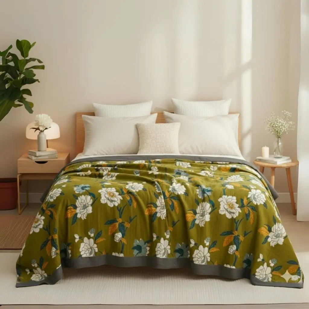 Cotton towel blanket with botanical camellia print and five layer gauze for comfortable bedding
