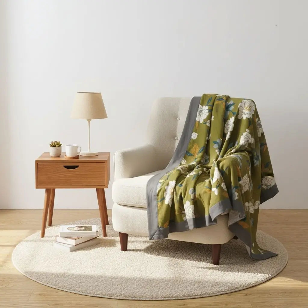 Botanical cotton throw blanket with five layer gauze weave and camellia floral design for beds