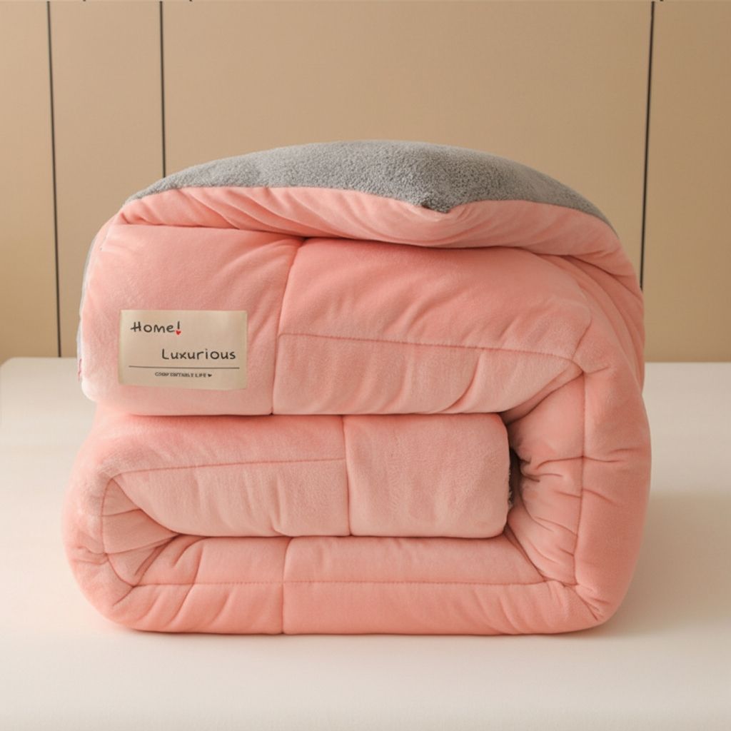 Winter velvet quilt with lambswool filling arranged for size and thickness display