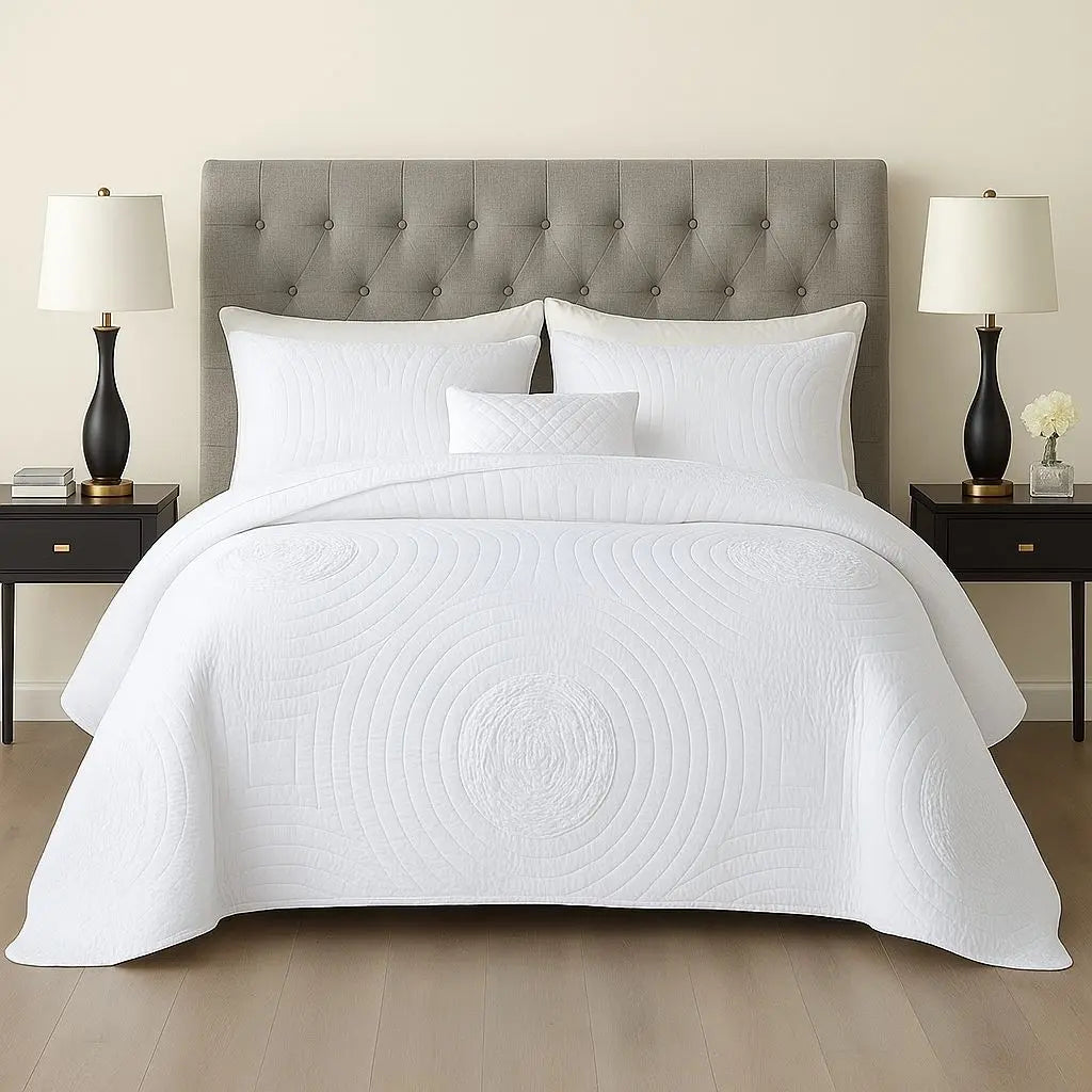 Cotton quilted bedspread set with embroidered circular motifs for elegant bedroom decor and comfort
