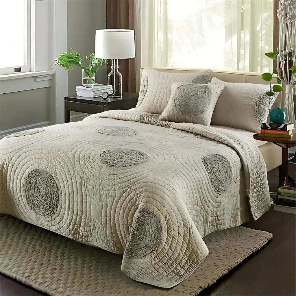 Embroidered cotton bedspread with quilted circular designs perfect for sophisticated bedroom styling