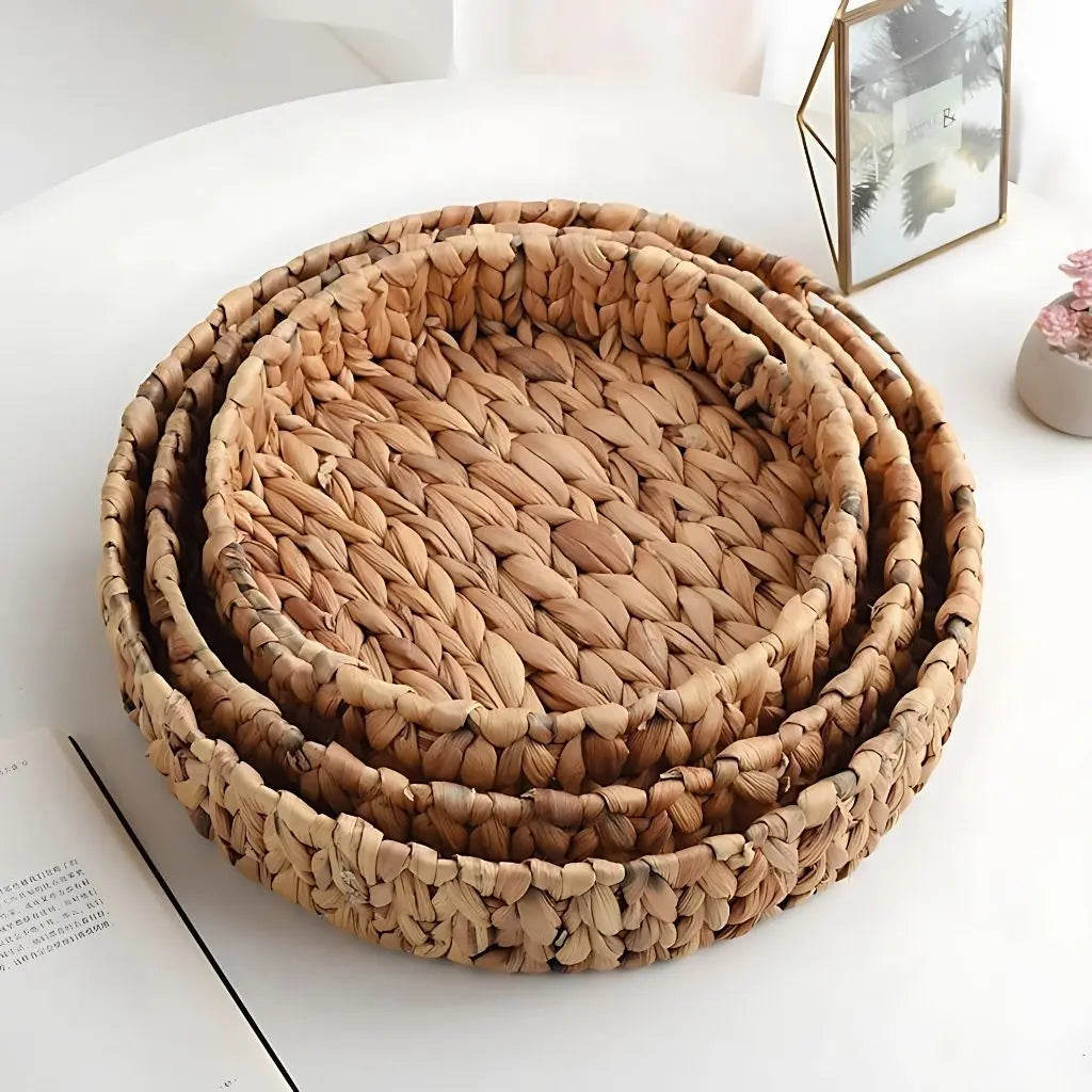 Natural rattan storage basket with handcrafted woven design ideal for kitchen and home organization