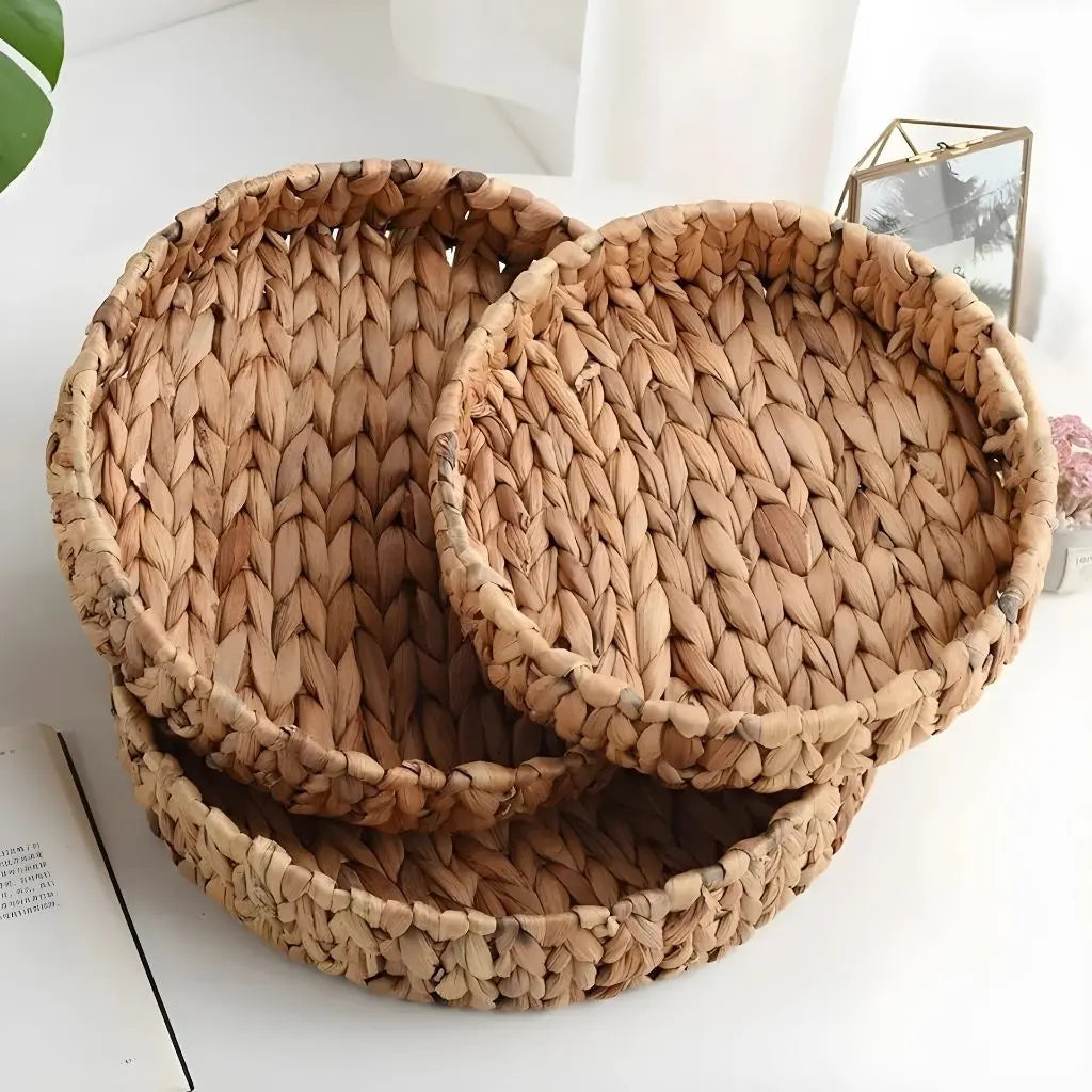 Woven rattan storage basket featuring handcrafted natural construction for kitchen and dining use