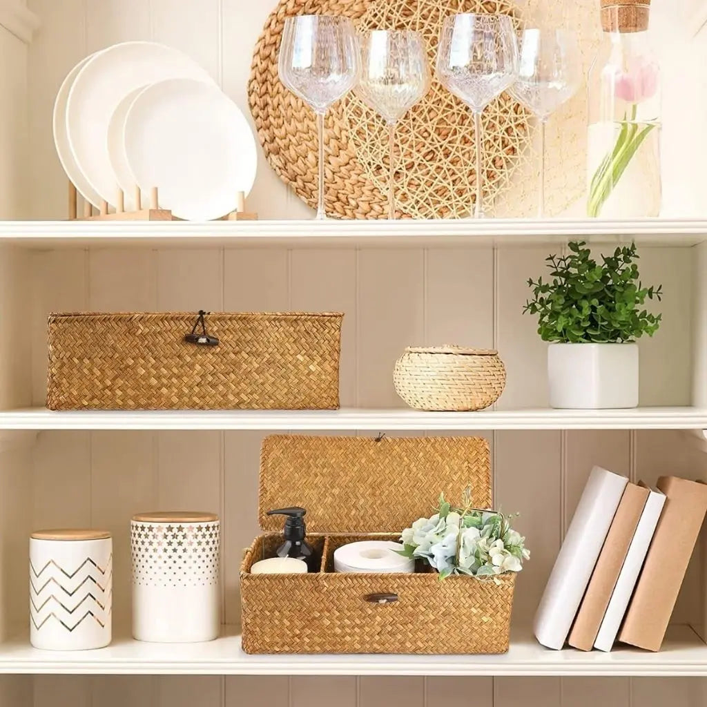 Wicker storage basket with three compartments handcrafted for desk and dresser organization