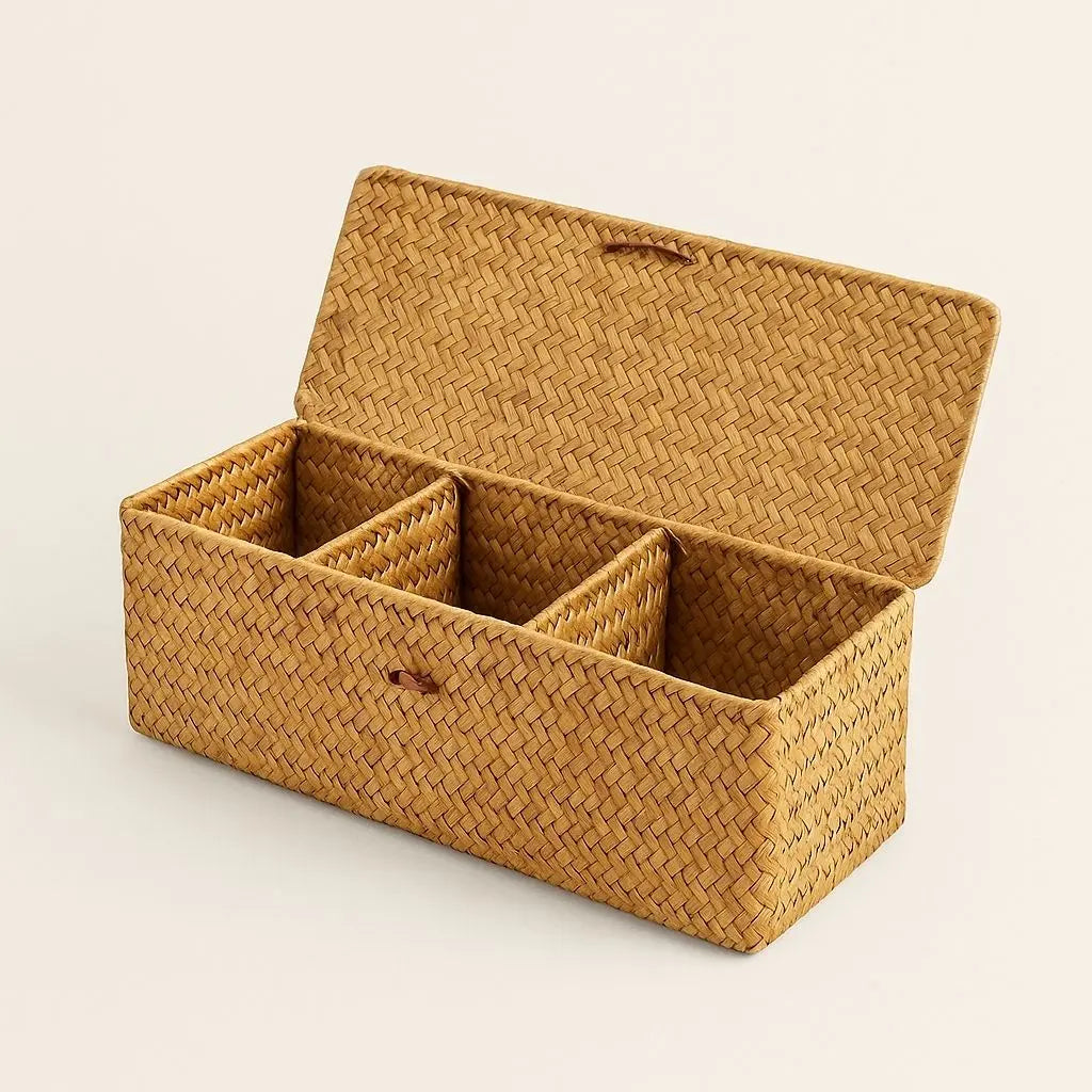 Handwoven wicker storage basket with three compartments and fitted lid for desk organization