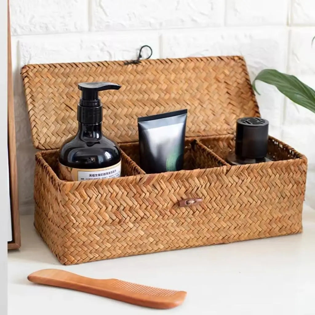 Natural fiber compartment basket perfect for cosmetic organizer and accessories storage