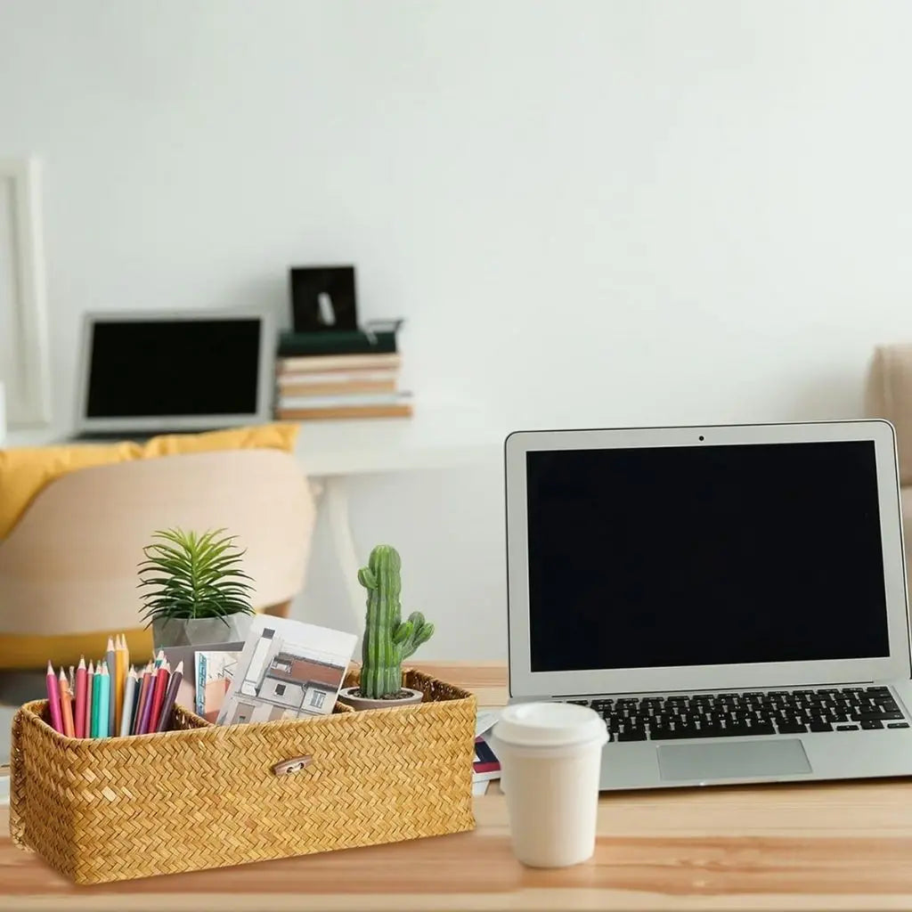 Compartment basket showing natural wicker texture and three organized storage sections