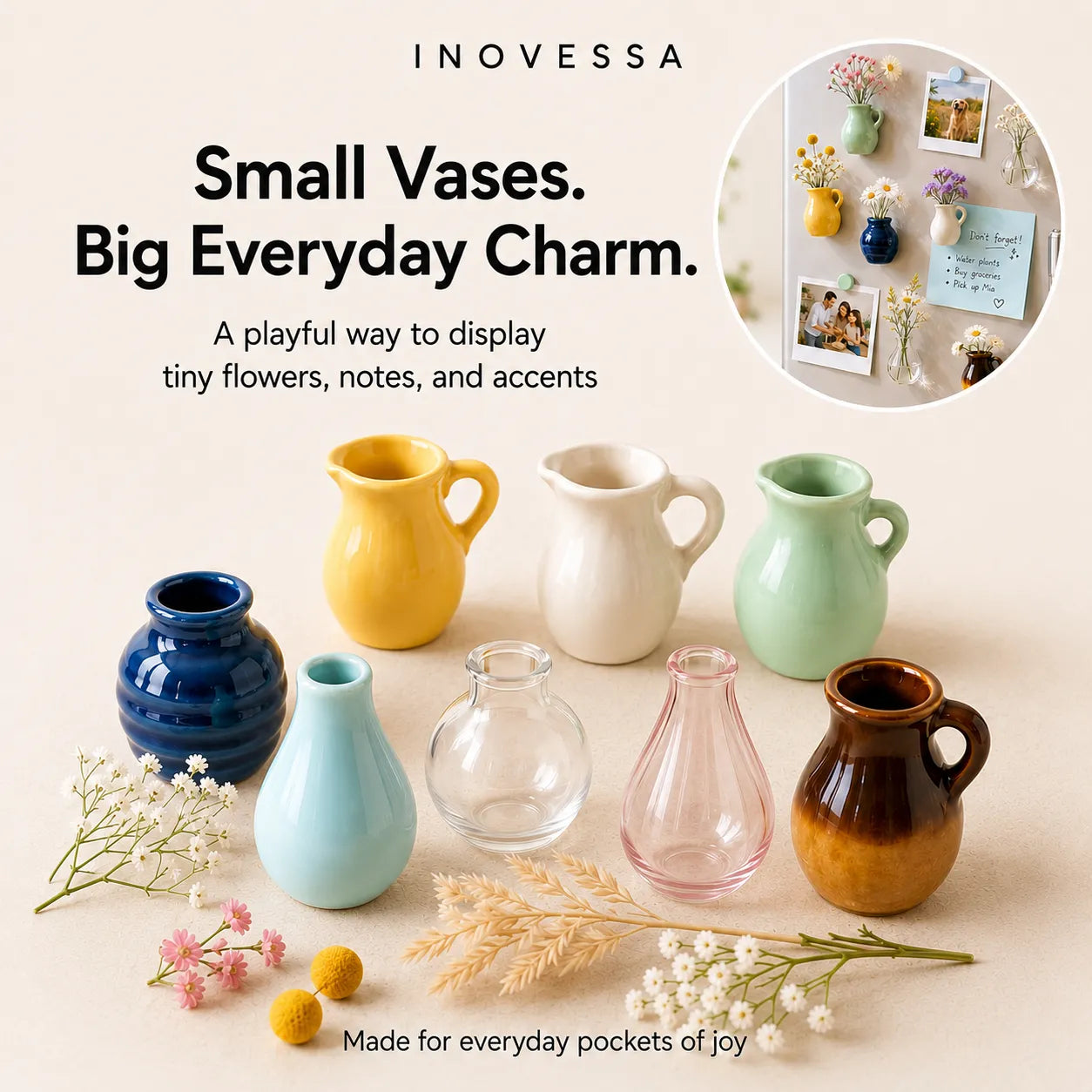 Collection of small vases in various colors with decorative elements on a light background, featuring the brand 'INOVESSA'.