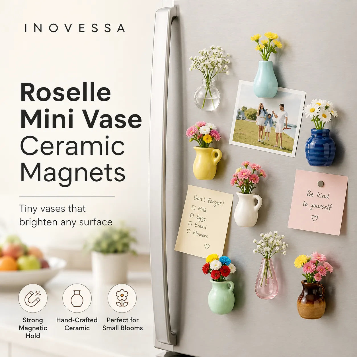 Inovessa Roselle Mini Vase Ceramic Magnets displayed on a refrigerator with decorative items.